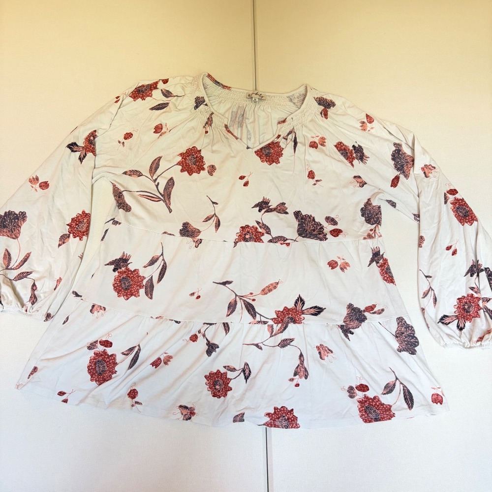 Wonderly Cream Orange Floral Tiered Babydoll Blouse XL Smocked V-Neck Top